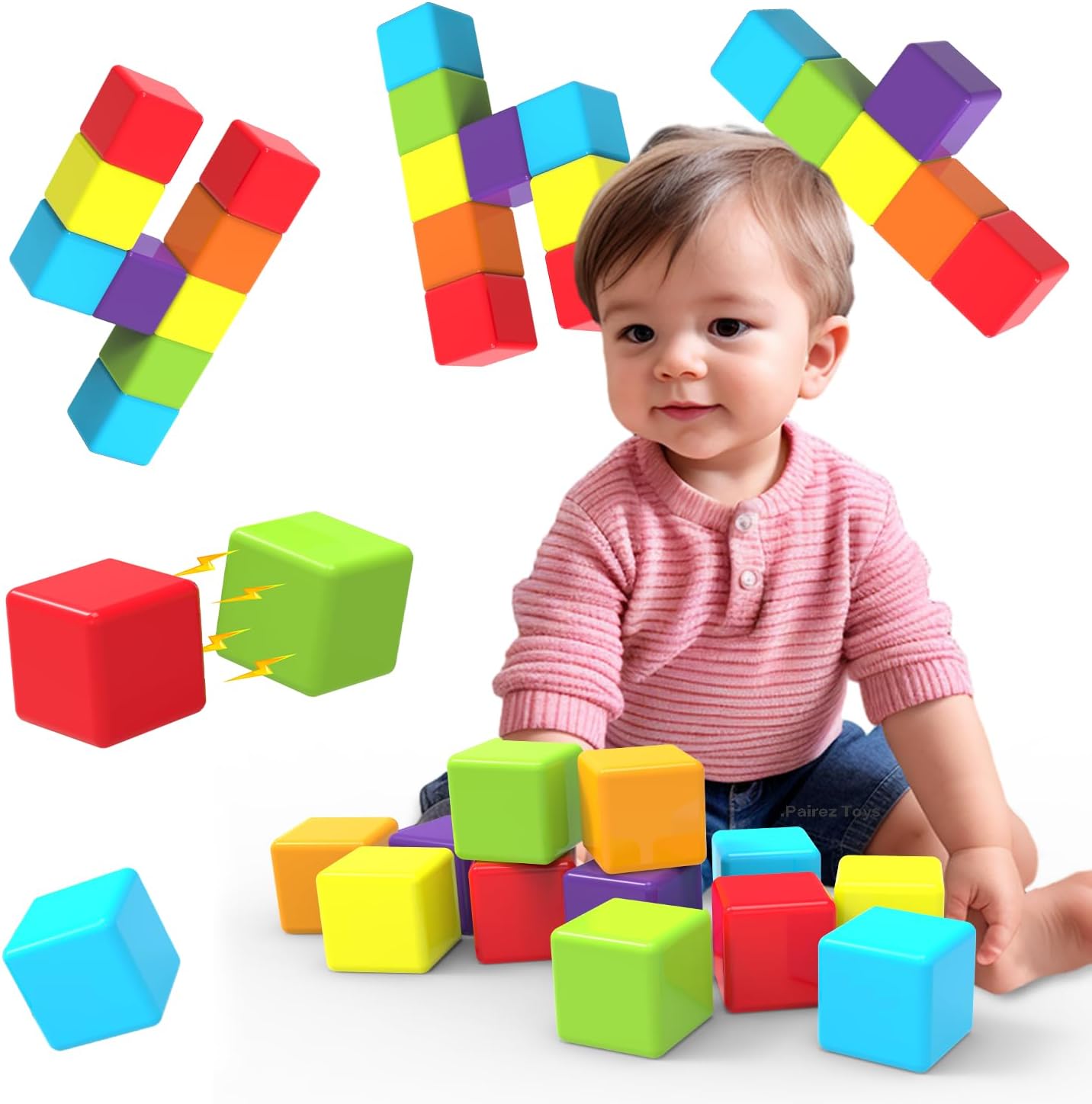 Magnetic Building Blocks Large, 1.65 inch Stacking Cubes for Toddlers | Sensory & Montessori Toys for Boys & Girls 1 2 3 Years Old, Toddler Travel Toys, Magnet Toys for Kids Birthday Gifts (12 PCS)