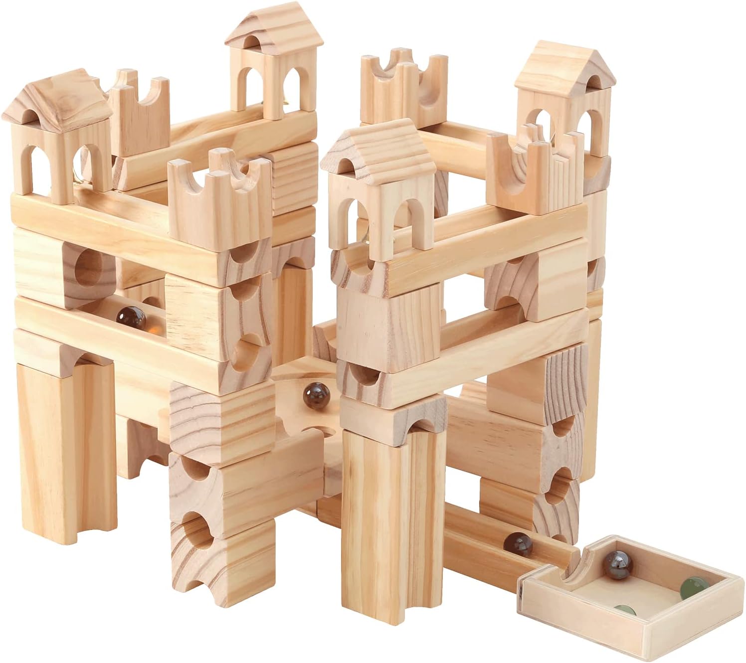 Wooden Marble Run for Kids, 80 Pieces Maze Construction Building Play Set | Wood Building Blocks Toy, Marble Track Maze Game, STEM Educational Learning Toys for Kids