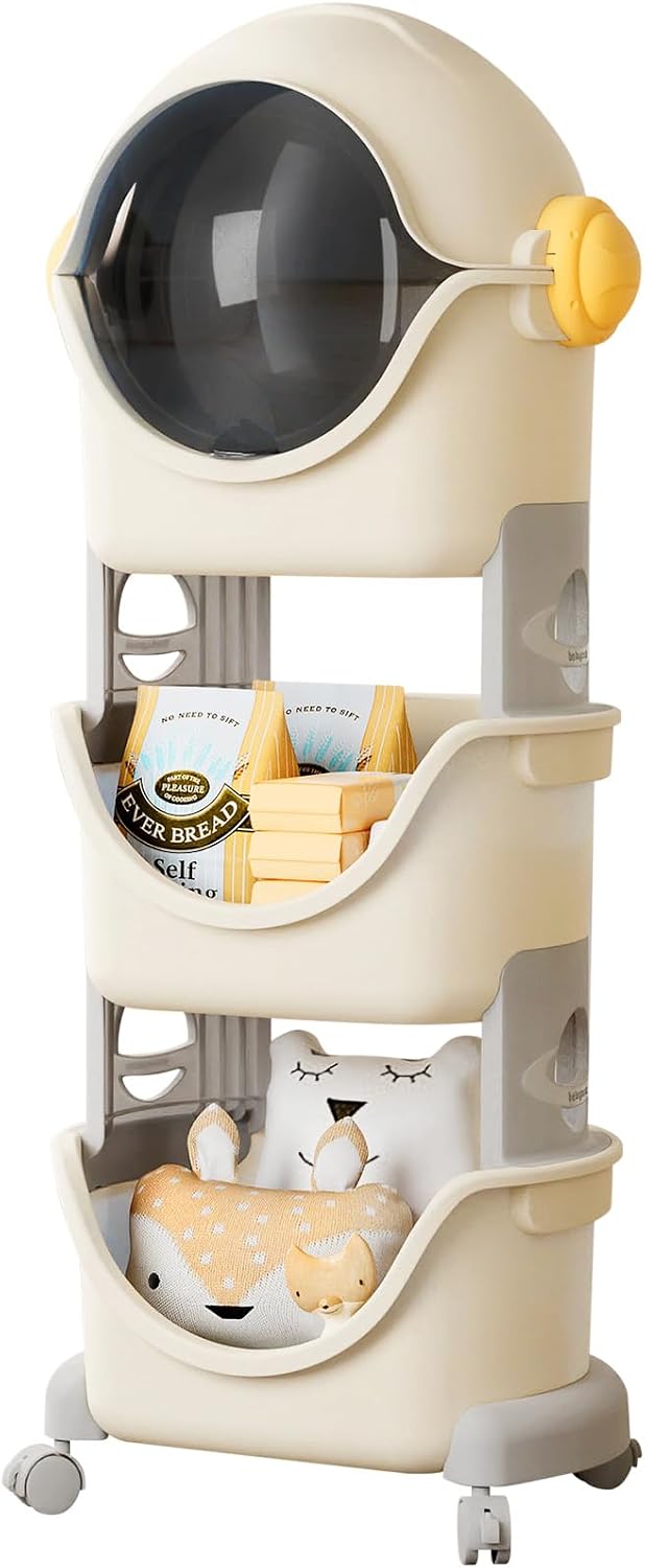 UNICOO® Kids Spaceman Toy Storage Organizer, 3-Tier Stackable Rolling Cart, Multi-Functional Toy Organizer with Wheels for Playroom, Bedroom, Classroom, Lightweight Toy Organizers and Storage (Gray)