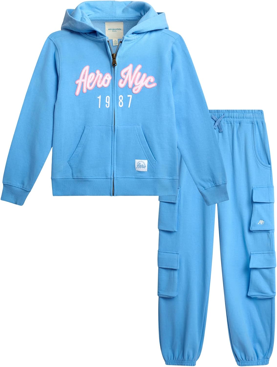 AEROPOSTALE Girls 2 Piece Zip Up Hoodie & Cargo Jogger Sweatpants Set, 7-12 | Cozy Fleece with Roomy Pockets, Matching Tracksuit for School, Fall Days & Everyday Active Wear