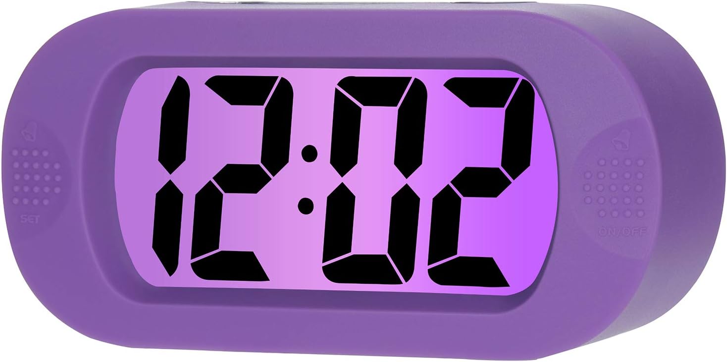 Plumeet Kids Alarm Clock Large Digital LCD Travel Alarm Clocks with Snooze and Night Light – Ascending Sound and Handheld Size – Best Gift for Kids (Purple)