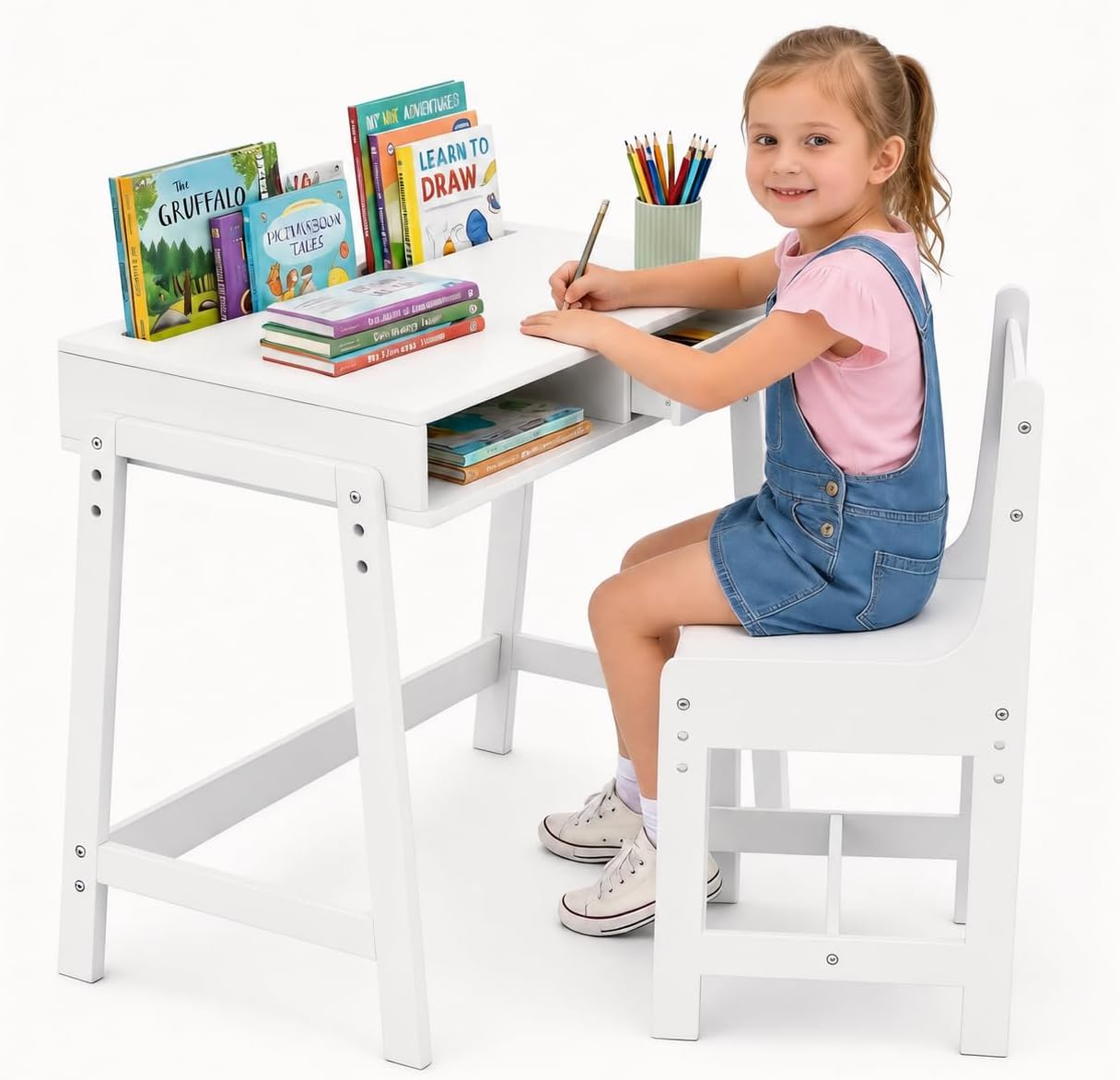 Kids Desk and Chair Set, Height Adjustable Study Table for Ages 5-12, White | Height Adjustable, kids desk, Children’s Desk with Storage Drawer, Comfortable Art Desk for Reading