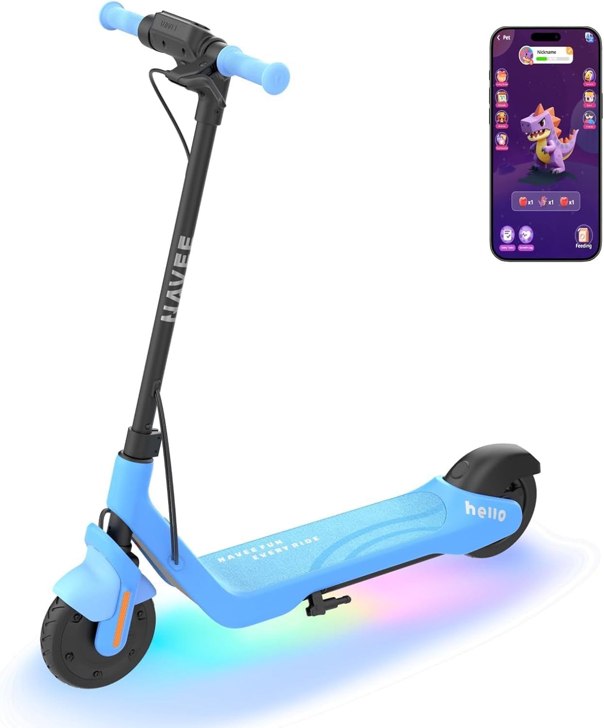 NAVEE K100 Max/K100 Pro/K100 Electric Scooter for Kids, AppleFindMy & Bluetooth Speaker (K100 Max Only), Adjustable Handlebar/Speed, Digital Pet, Safe Brake, RGB Lights, Riders Up to 132 lbs, UL2272