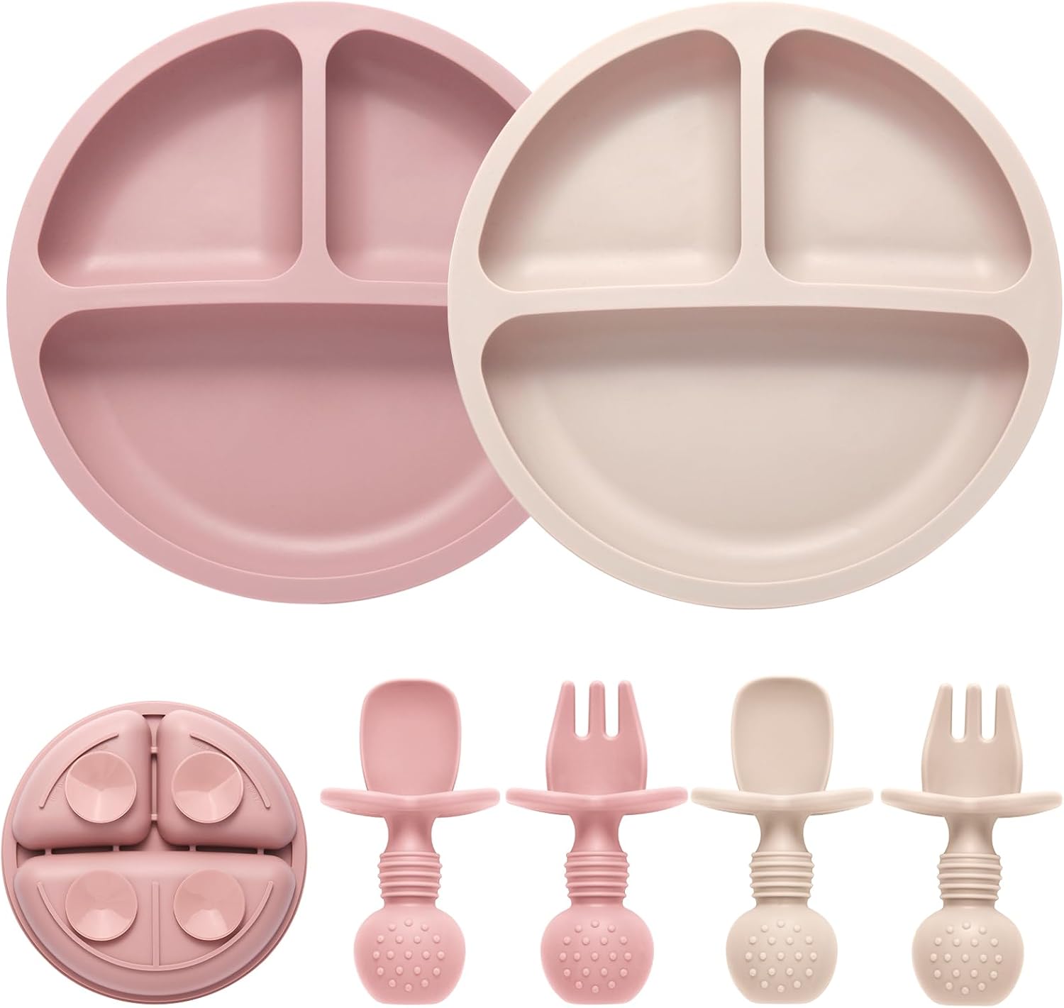 Eascrozn 2 Pack Divided Toddler Plates with Suction, Spoons and Forks Set | BPA Free, Silicone Feeding Set, Baby Led Weaning Supplies, Baby Utensils for Feeding Essentials, Dishwasher Safe