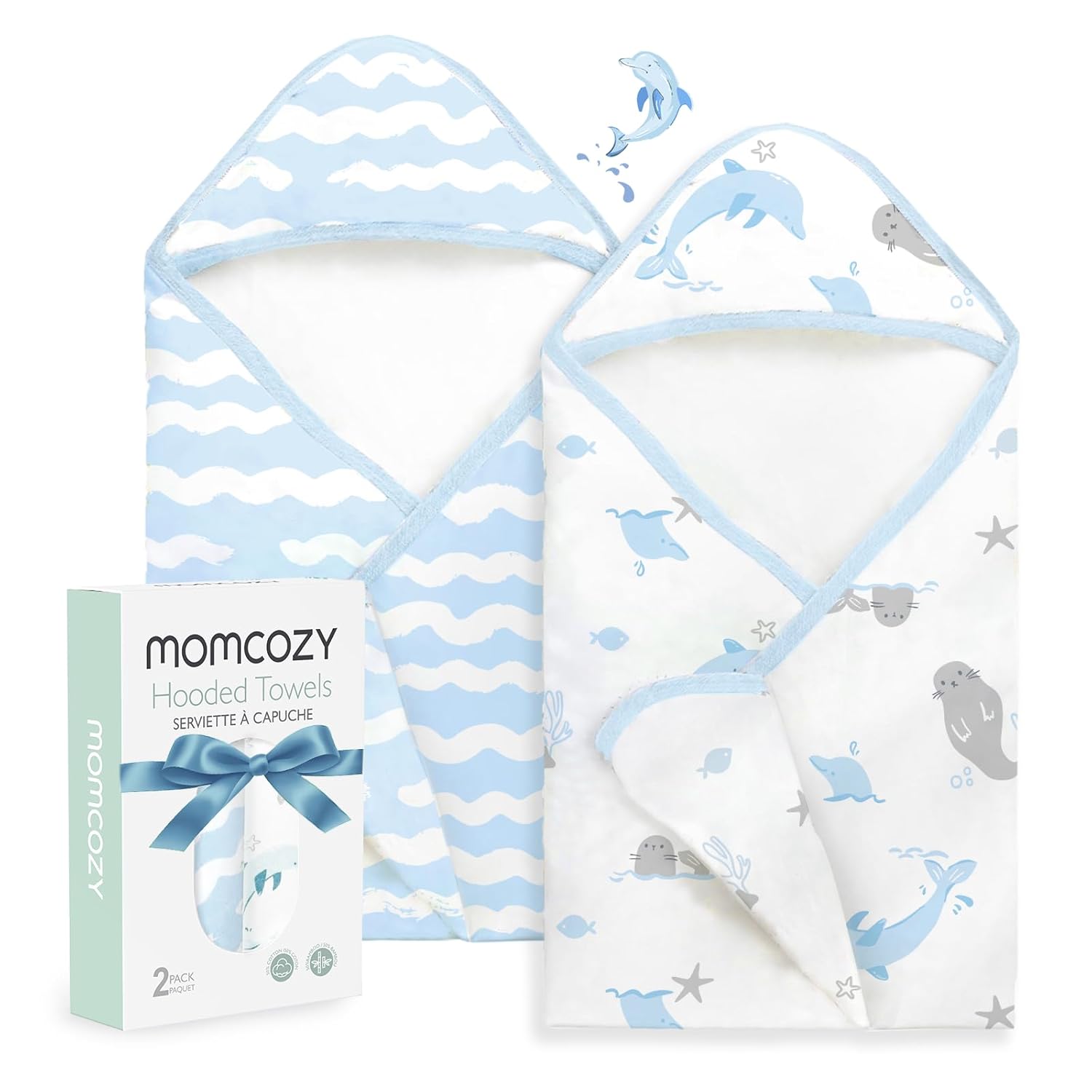Momcozy Baby Towels, Soft Absorbent Bath Towel for Newborn&Toddler,Whale | Soft&Absorbent Bath Towel Set，Gentle on Baby’s Skin，Unisex Baby Essential