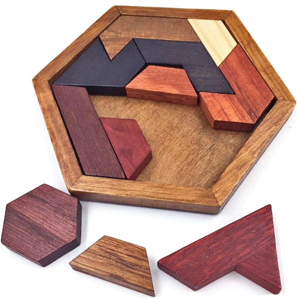 KINGOU Hexagon Tangram Puzzle Wooden Brain Puzzles for Kids & Adult Challenge Wooden Brain Teasers Puzzle Games for Family Party Gift – Brain Games for Kids