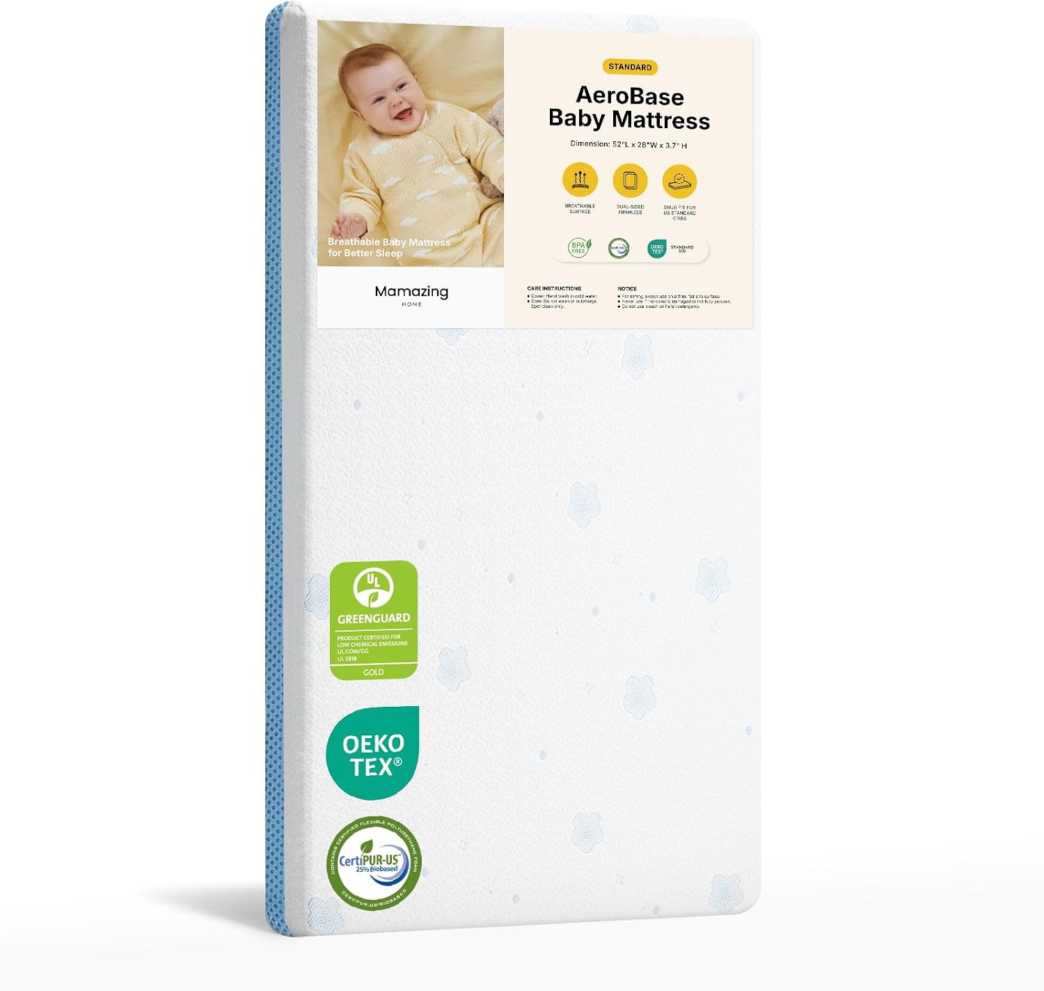 MAMAZING Aerobase Baby Crib Mattress, 52″ x 28″ Dual-Sided Mattress | Fits Standard Full Size Crib & Toddler Bed, Breathable & Firm Support, Non-Toxic, Machine-Washable Cover for Easy Care