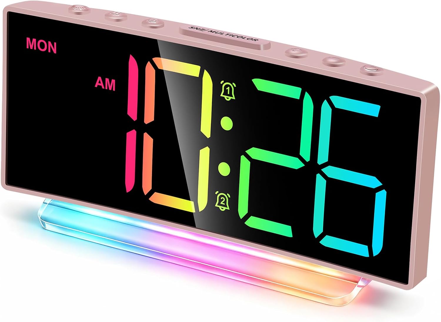 Cadmos Modern Curved Cute Digital Alarm Clock,Colorful Led Display,Adjustable Volume,Weekday/Weekend Mode,Simple Clock for Bedrooms Bedside,Ok to Wake Up for Girls,Kids,Teens (Pink+Dynamic)