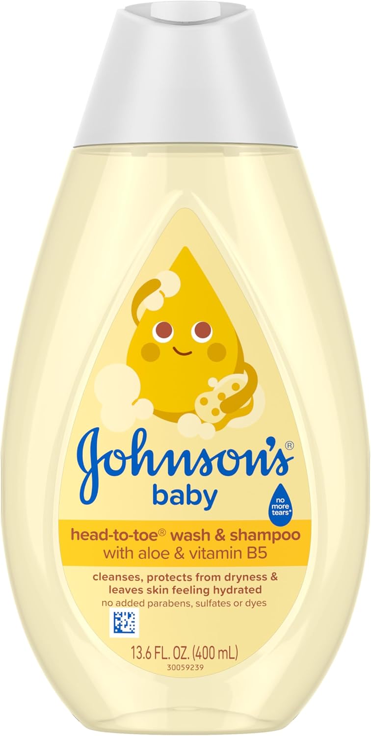 Johnson’s Baby Head-To-Toe Baby Wash & Shampoo + Aloe & Vitamin B5, 2-in-1 Bath Wash Gently Cleanses Newborn’s Delicate Skin & Hair, Hypoallergenic, No Added Parabens, Dyes & Sulfates, 13.6 fl. Oz