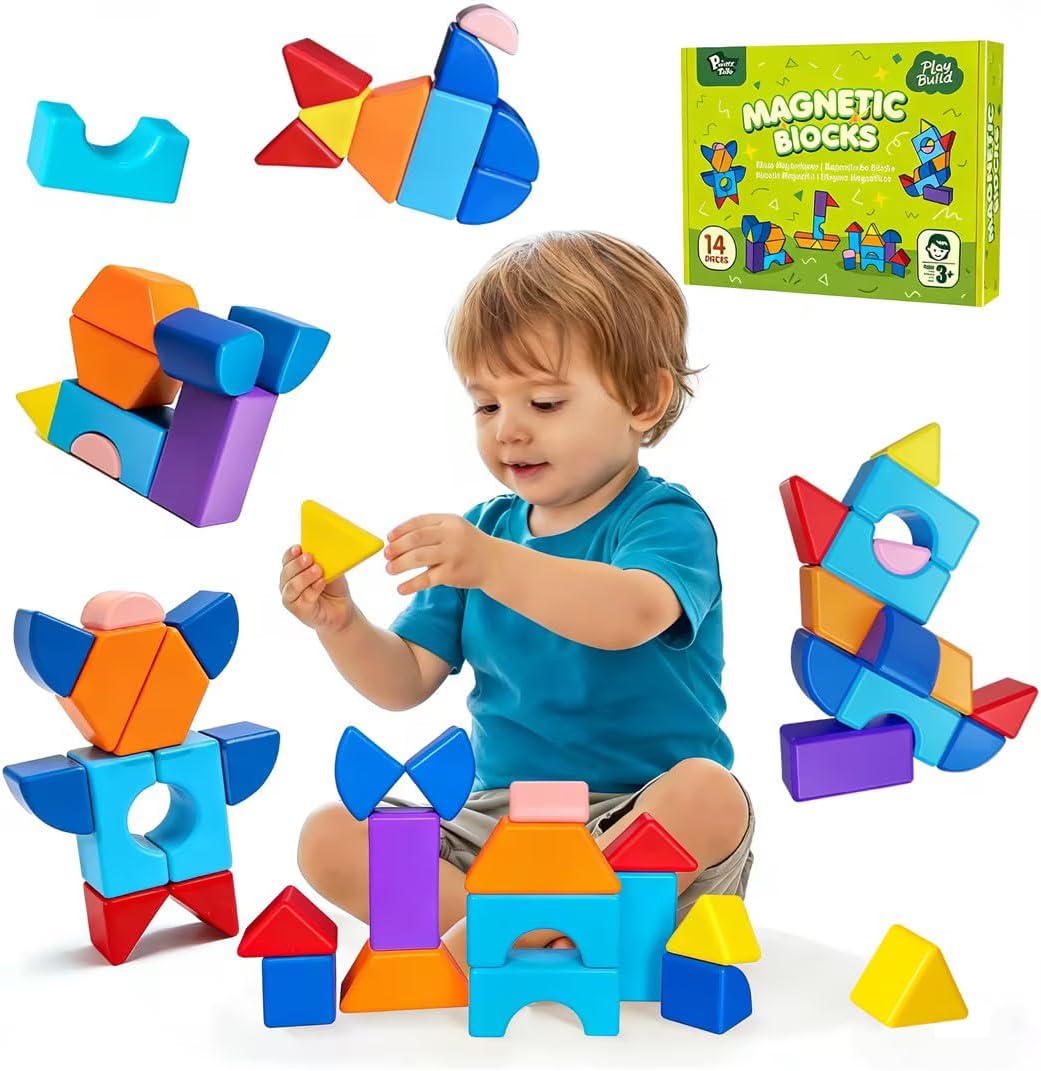 Pairez Toys Large Magnetic Building Blocks for Kids, 14pcs Magnet Toys | Toddlers Building Blocks in 7 Shapes & 7 Colors, 1.65in Large Magnetic Cubes, Preschool Learning Toy for Boys & Girls Ages 3+