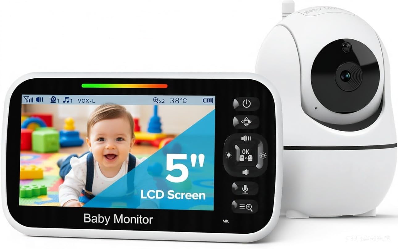 GoodBaby 5″ Baby Monitor with Camera and Audio No WiFi | 30H Battery Life,1000ft Range, Remote PTZ, Auto Night Vision, Room Temperature, Two-Way Audio, Lullabies, Portable for Travel