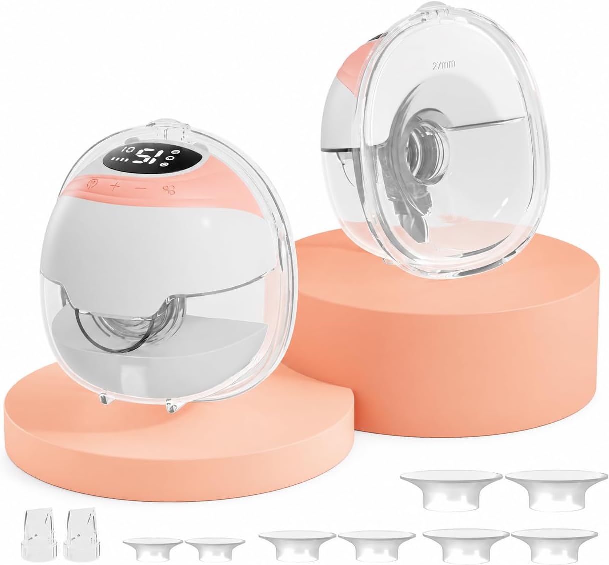 Hands-Free Wearable Electric Breast Pump,3 Modes &15 Levels,320mmHg Strong Suction,Double-Sealed Leak-Proof Flange for Baby-Like Comfort,18/20/22/24/27mm Adjustable Flange, Pink 2-Pack Breast Pump Set