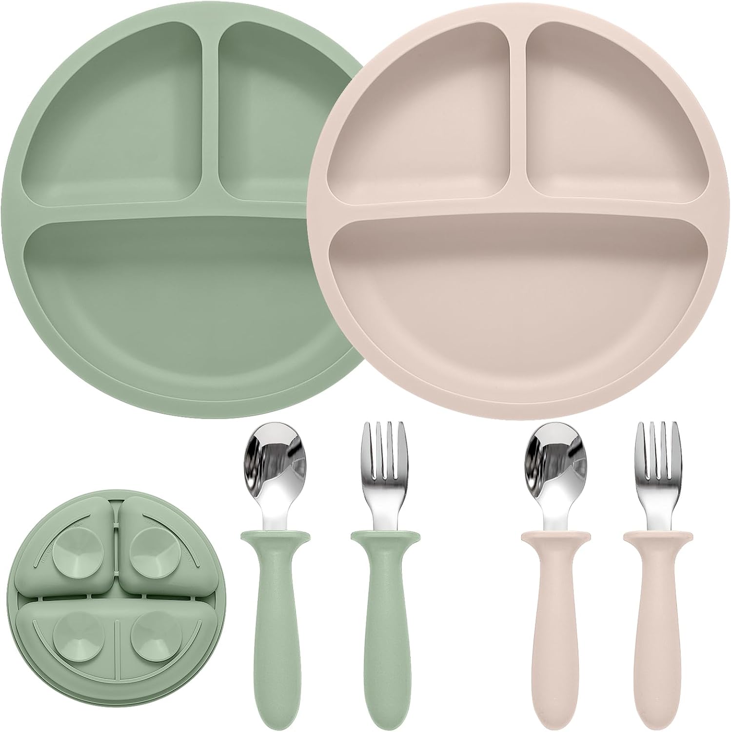 Eascrozn 2 Pack Silicone Baby Plates with Suction, Spoons and Forks Set | Baby Feeding Set, Toddler Utensils, BPA Free, Baby Led Weaning Supplies for Eating Essentials