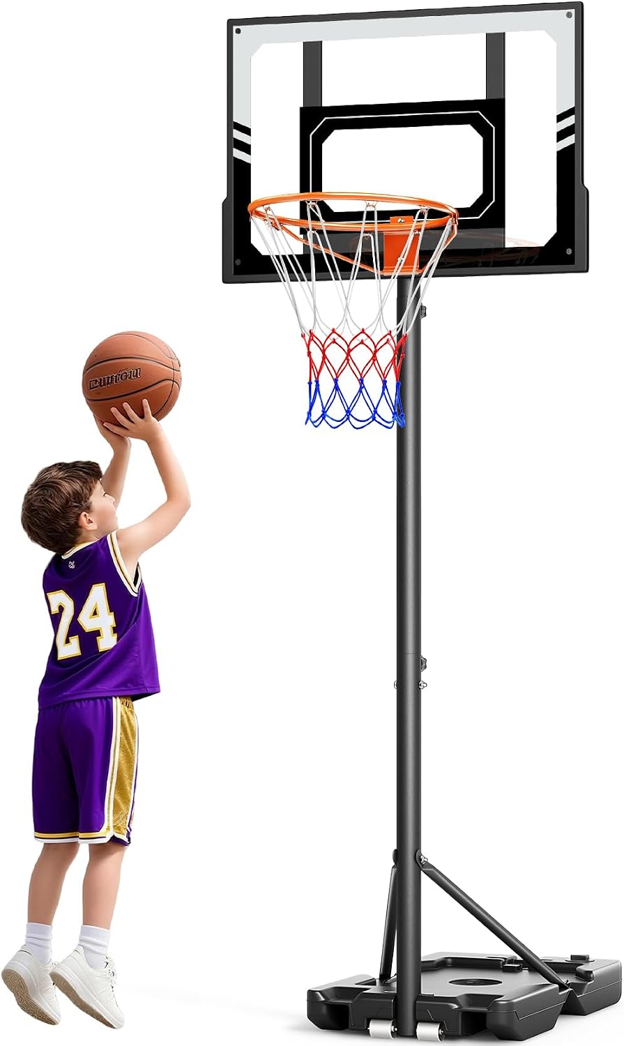 Kids Basketball Hoop Outdoor, 3.5-7ft Stepless Adjustable Height, Portable Basketball Hoop for Kids in Backyard, Driveway and Indoor, Shatterproof PC Backboard