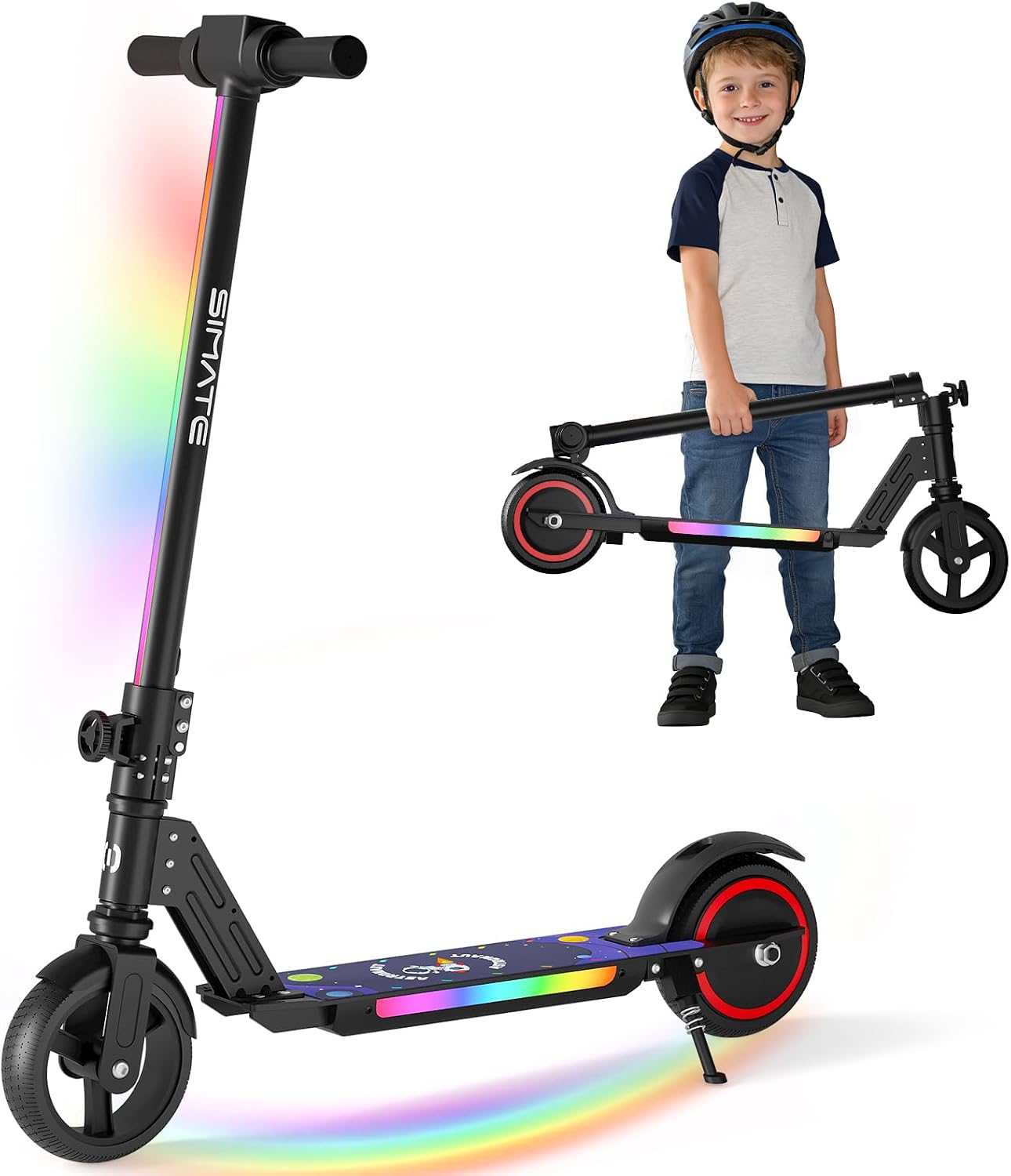 SIMATE Electric Scooter for Kids 6-14, e Kick Scooter with LED Display and Colorful Lights, Adjustable Height and Foldable, Double Brake, Gifts for Kids Girls Boys