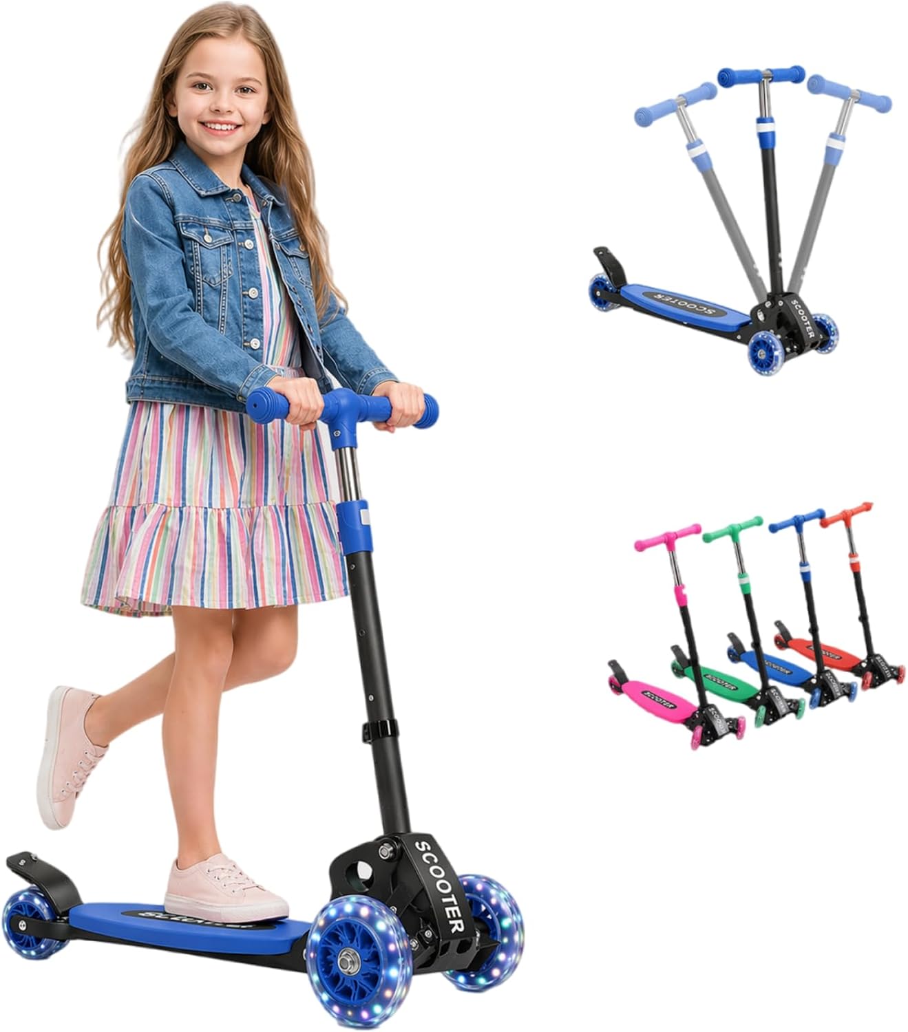Kids Kick Scooter for 3-12,Lean-to-Steer 3 Wheel Scooter for Beginners with Light-Up Wheels,3 Adjustable Handlebar 27.5″–33″,6-Inch Wide Deck,Rear Foot Brake,Foldable Scooter for Boys & Girls