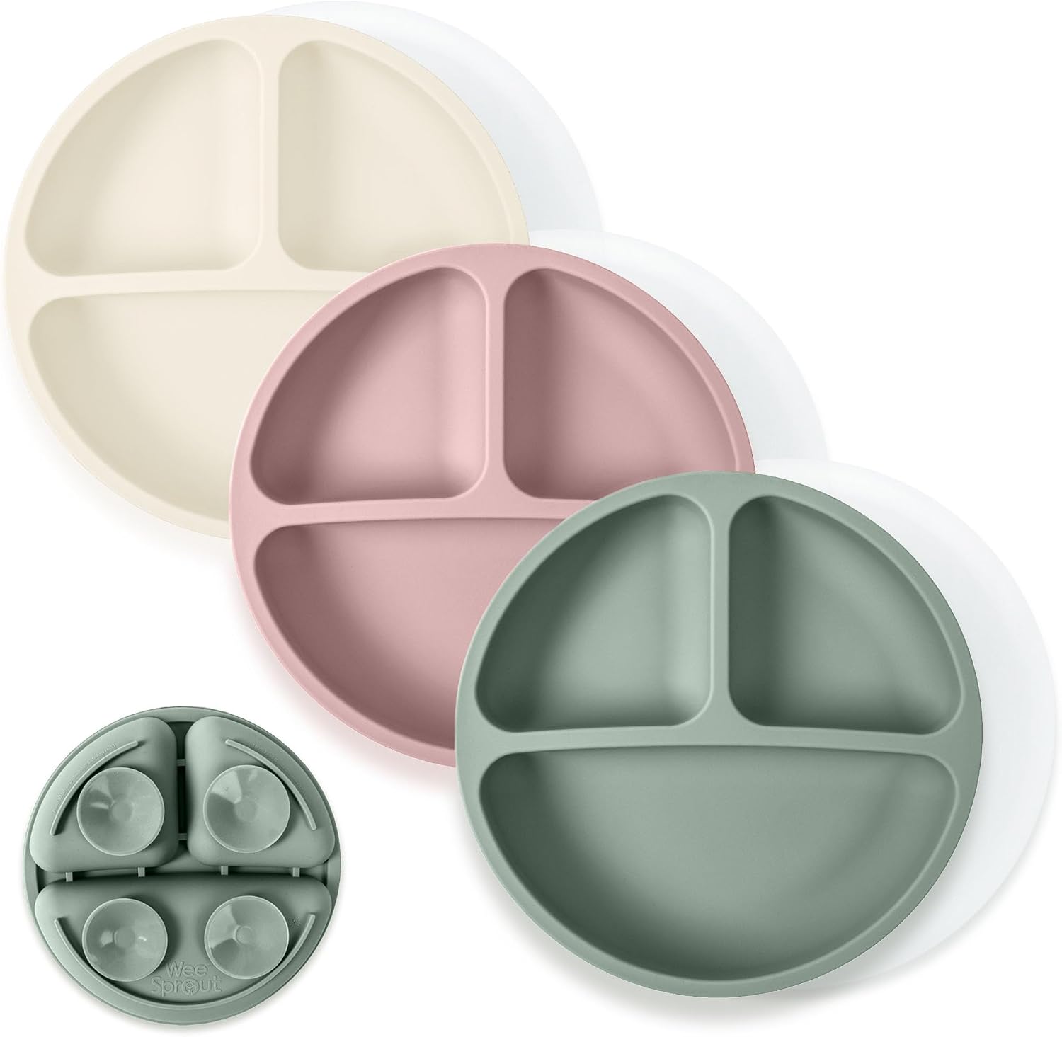 WeeSprout Suction Plates with Lids for Babies & Toddlers – 100% Silicone, Dinnerware Stays Put, Divided Design for Picky Eaters, Microwave & Dishwasher Friendly, 3 Pack