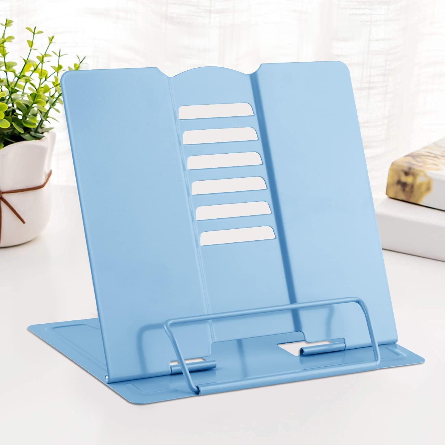 MSDADA Desk Book Stand Metal Reading Rest Book Holder Adjustable | Documents Holder Bookstands for Recipe Textbook Music Books, the First Day of School Gift for Students, Teachers (Light Blue)