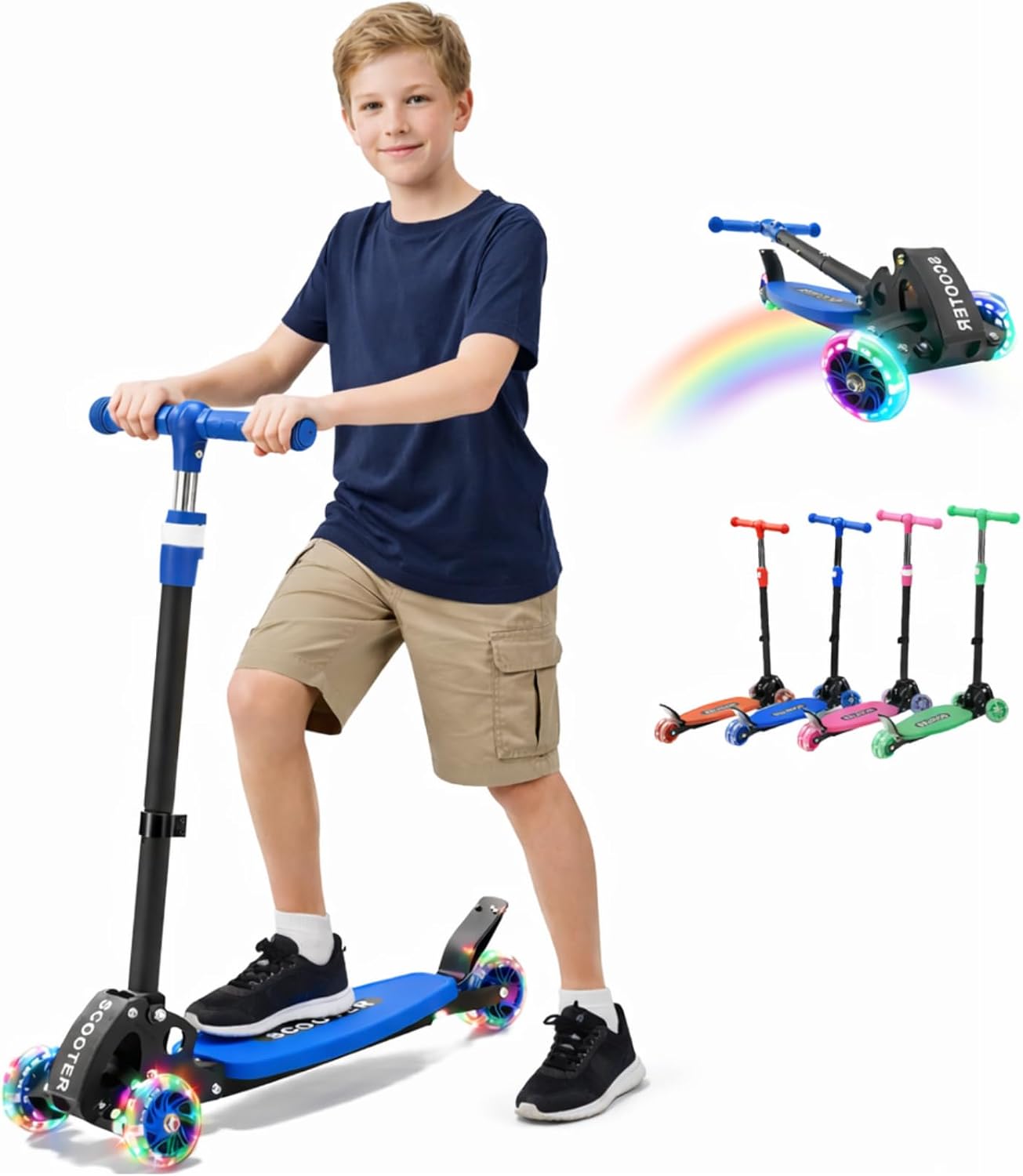 Kick Scooter for Kids Ages 6-12, Stable 3 Wheel Kids Scooter with LED Light-Up Wheels, 3 Adjustable Heights, Lean-to-Steer, Foldable, 6″ Extra Wide Deck for Boys and Girls Gifts