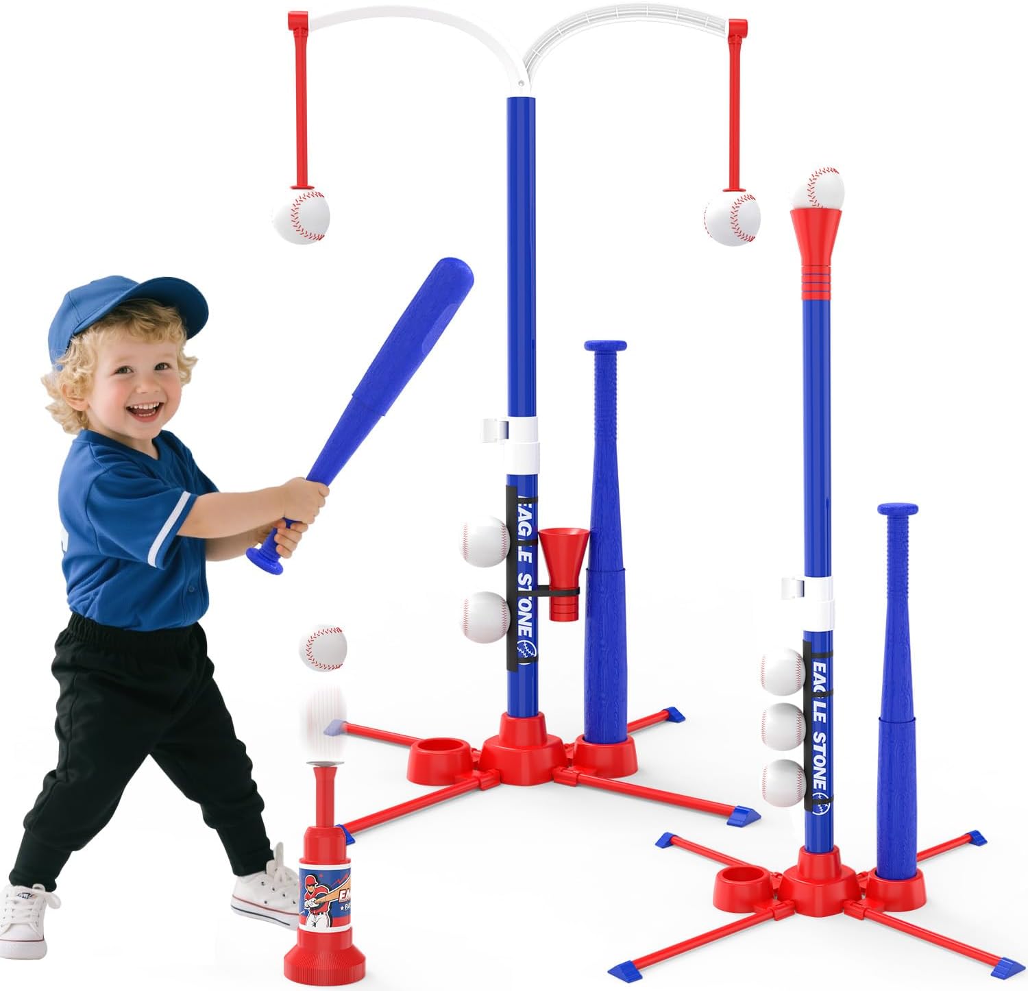 EagleStone 3-in-1 T-Ball Set for Kids 3-12 with 2 Bats,2 Hanging Tees | TToddler Baseball Toy with 6 Balls, Batting Stand and Tee Popper Launcher, Indoor Outdoor Sports Gift for Boys and Girls