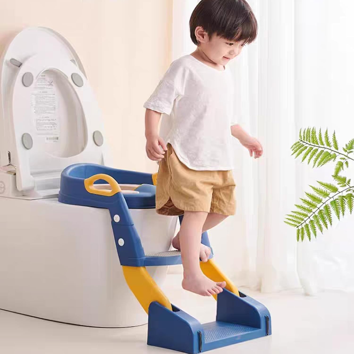 Potty Training Seat, Adjustable Toilet Step Stool 2 in 1 Toddler Toilet Seat, Non-Slip Platform with Safety Rails, Urine Tank (Blue)