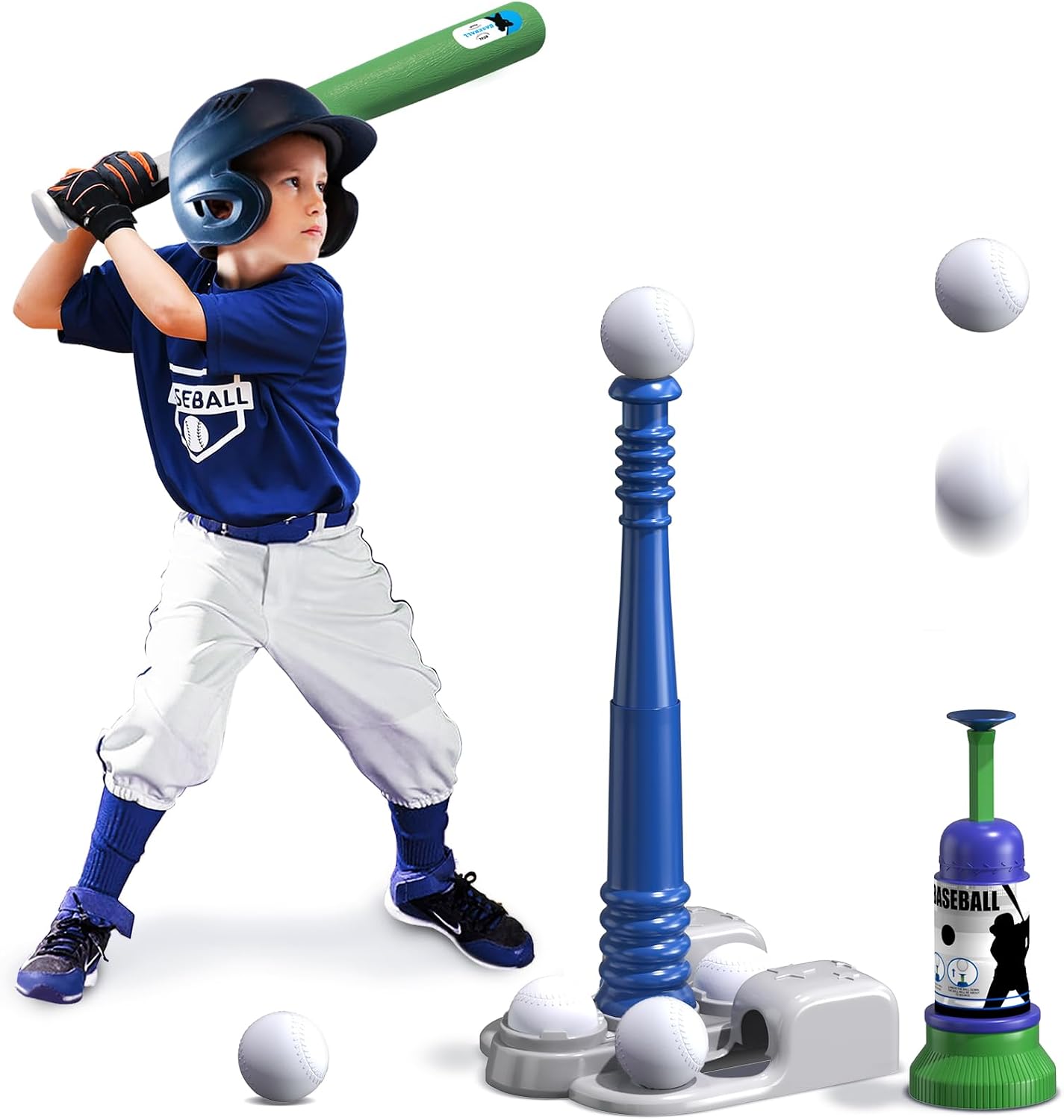QDRAGON 2 in 1 T Ball Sets for Kids with Automatic Pitching Machine | Adjustable Batting Bat & Stand/6 Balls, Baseball Toys Outdoor Sport for Boys Girls, Blue