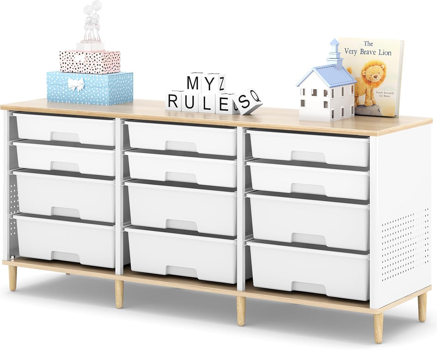 TOOLF 12 Drawers Storage Cabinet with Wooden Top and Plastic Bins, White | Toy Shelf Storage Chest Cubby Organizer, for Home, Office, Playroom, Classroom & Craft Room