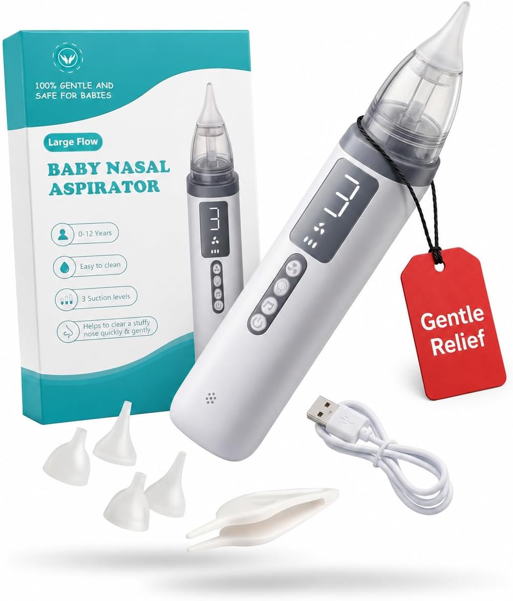 Electric Baby Nasal Aspirator, Gentle Nose Cleaner for Babies, Adjustable Suction Levels, Rechargeable, Easy to Clean, Quiet Operation with Music & Light