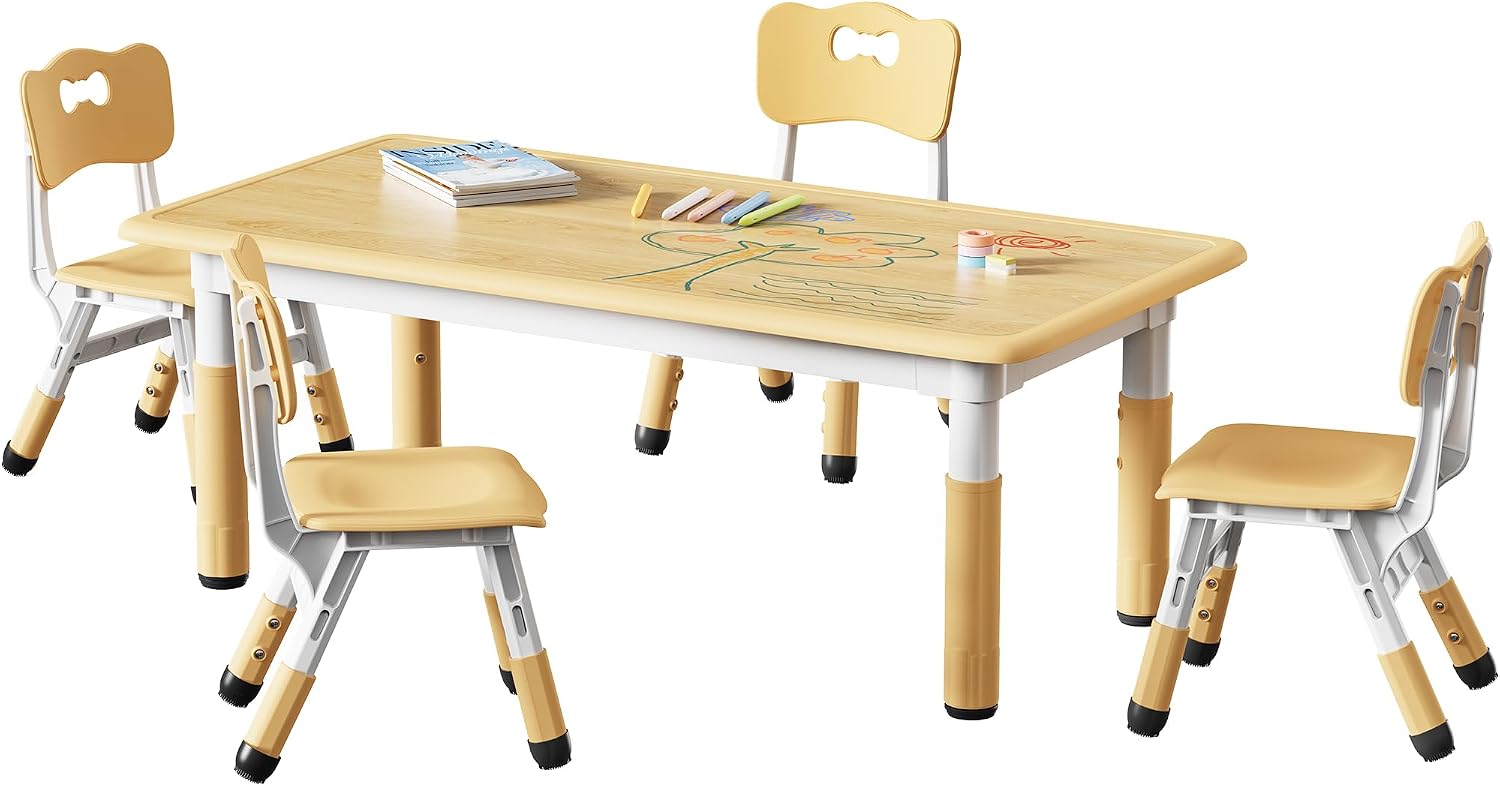 Brelley Height Adjustable Toddler Table and 4 Chairs Set, Beige | Table Supports 300 lbs, Graffiti Desktop, Non-Slip Legs, Classroom/Daycare/Home, Children Multi-Activity Table for Ages 3-8