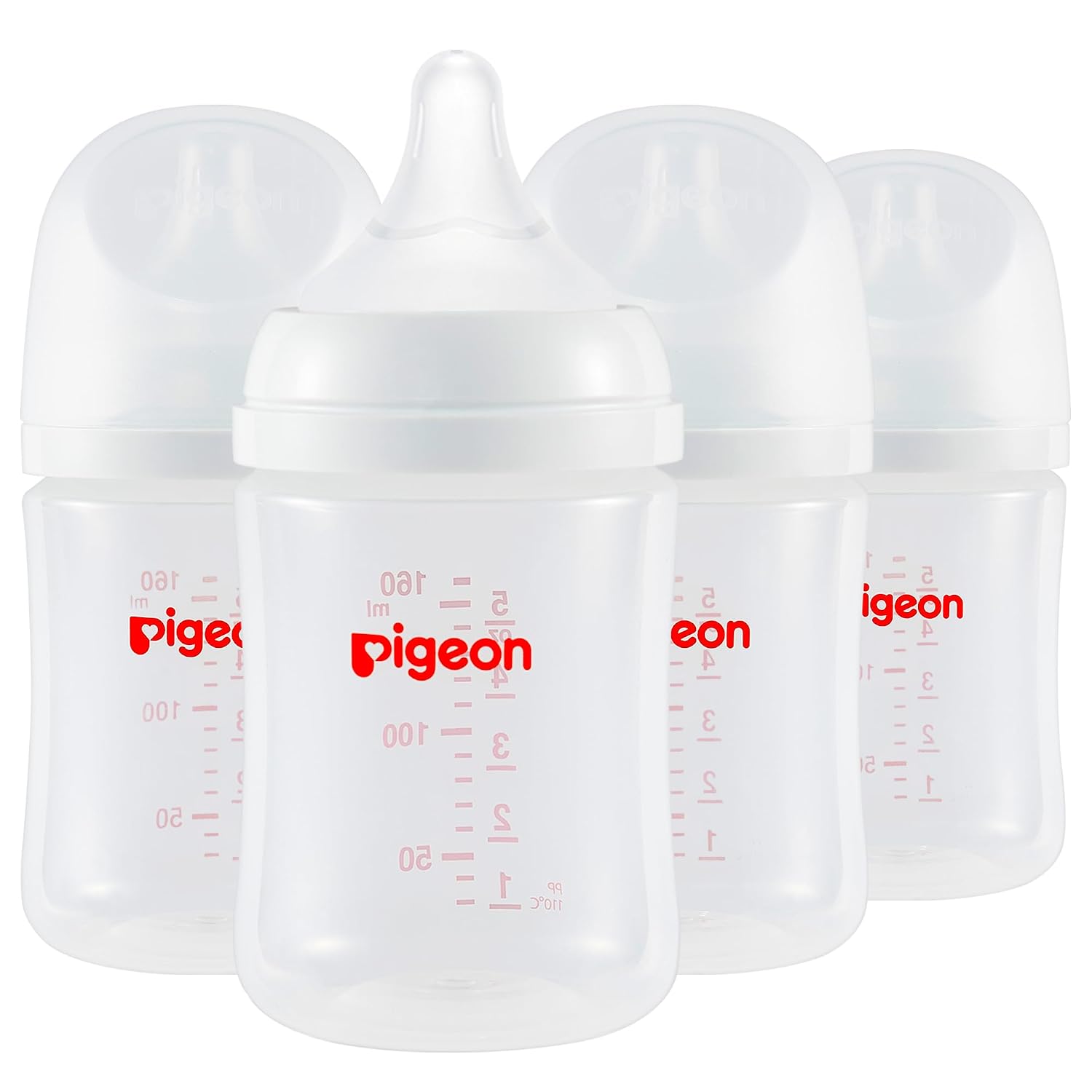 Pigeon PP Wide Neck Anti-Colic Nursing Bottle, 5 oz, 4-Pack | Includes 4 SS Nipples (0m+): Equipped with 4 natural-feel, extra-slow nipples; features a streamlined body for easy cleaning.