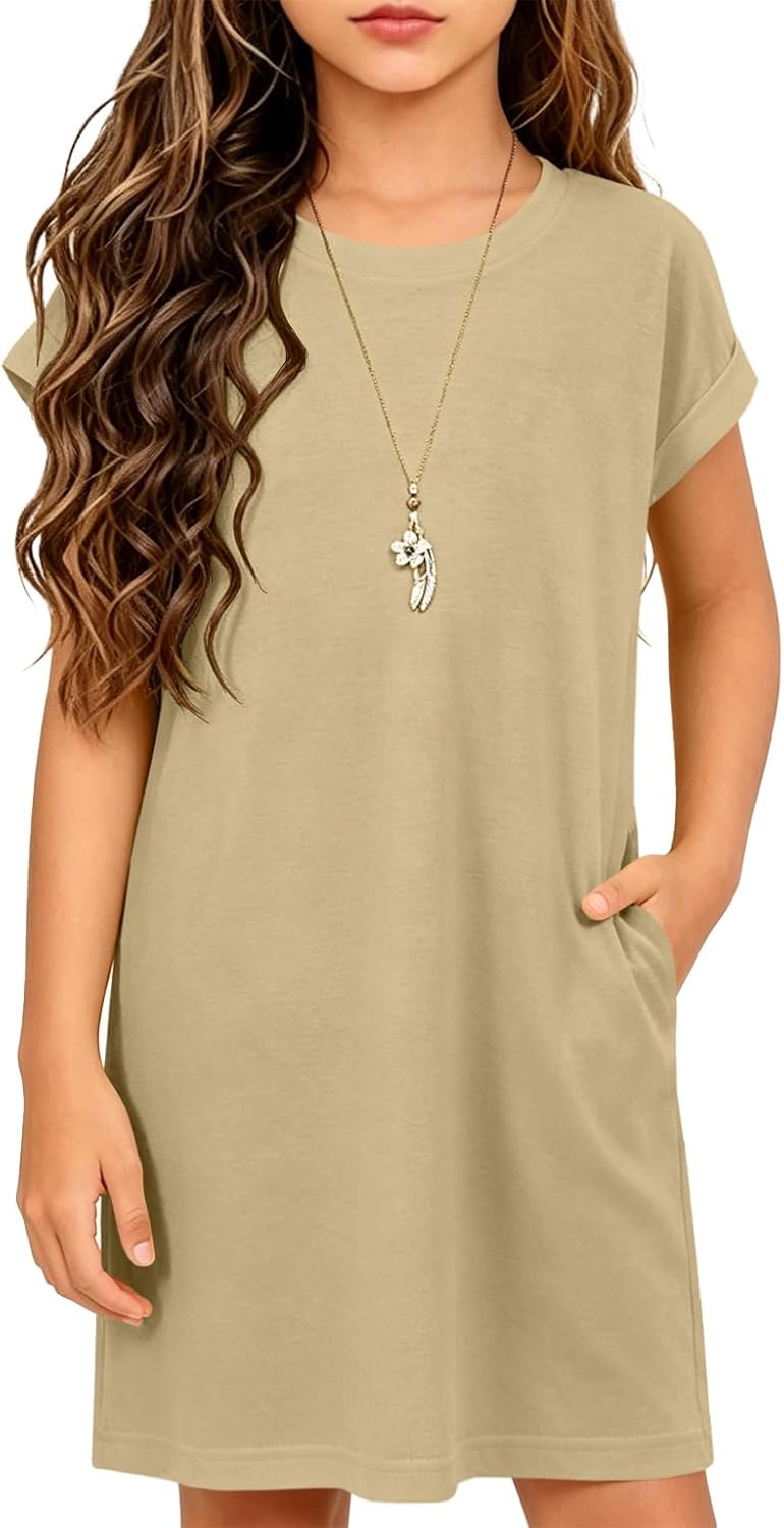 ZDC Girls Cap Short Sleeve Dress Summer Spring Dresses | Kids Casual Basic, Crewneck, with Pockets, Daily Outfits, Summer Vacation, Family Gatherings, Kids Birthday Parties