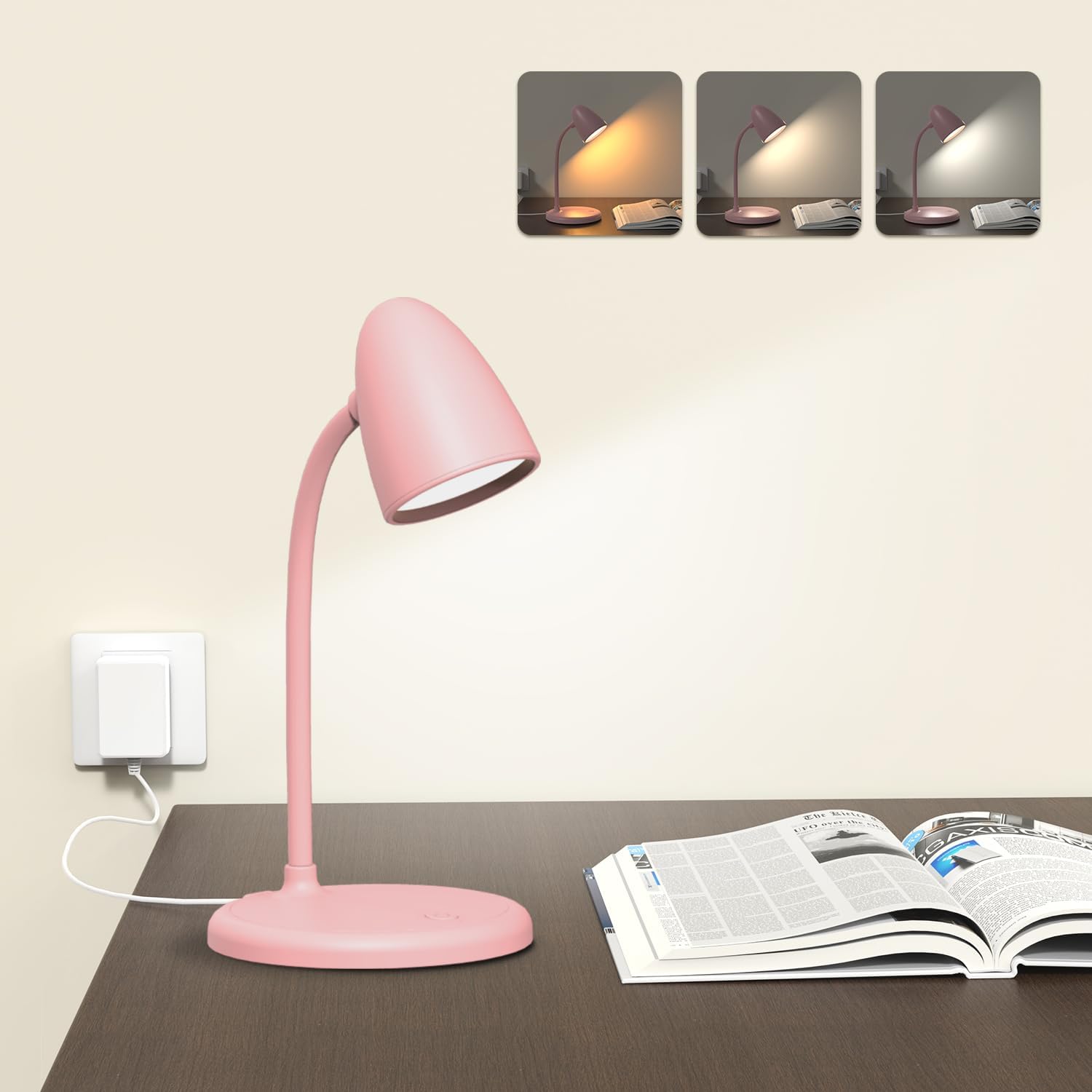 LED Desk Lamp for Home Office,Dimmable Table Lamp 3 Light Colors | Reading Light for Bedside Small Desk Lamp for College Dorm Room,Bedroom Desk Light Pink