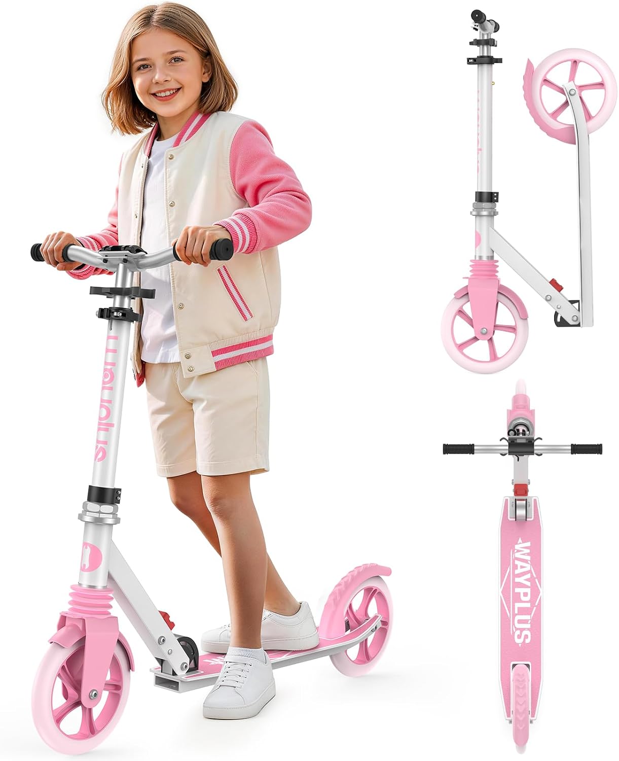 WAYPLUS KS1 Kick Scooter for Ages 6+,Kid,Teens & Adults.8 Big Wheels,240lb | One-button Fold, Lightweight, 4 Adjustable Height,Bearing ABEC9,20″Wide Handle bar,Front Suspension,Rear Brake,Carry Strap