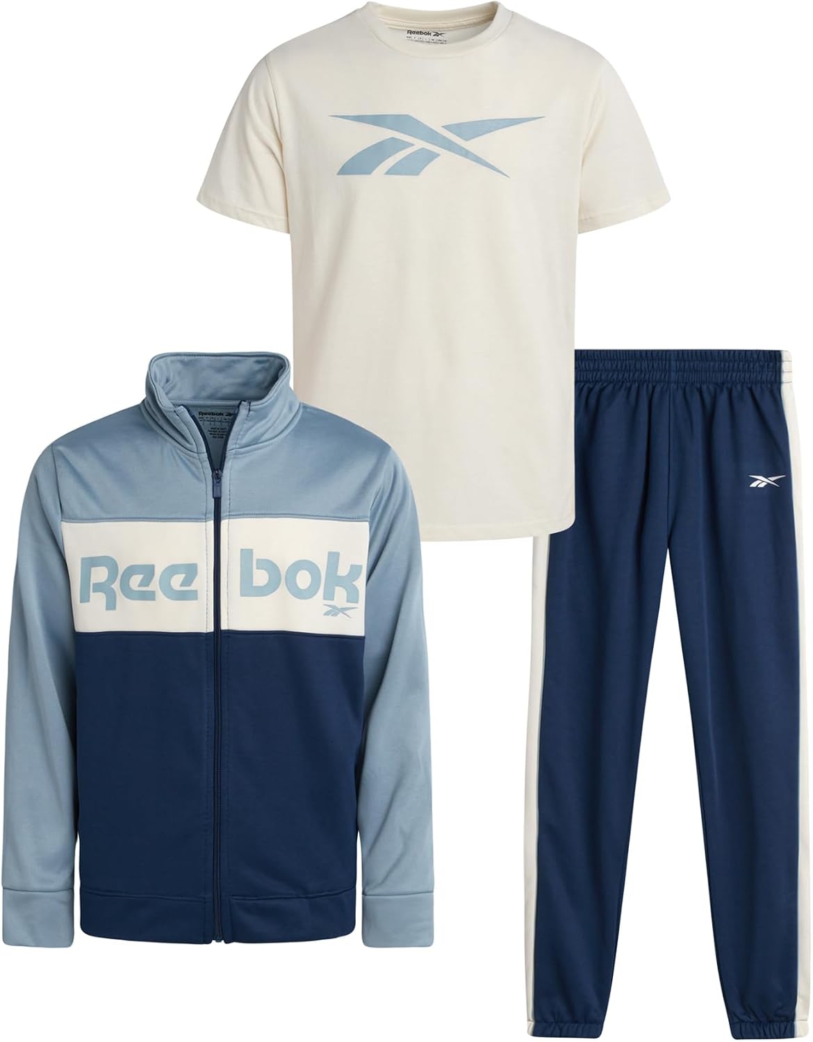 Reebok Boys 3-Piece Tricot Tracksuit with Zip Jacket, Tee & Joggers Set | Layer-Ready for Cool Weather, Soft Cotton Comfort, Coordinated Head-to-Toe Look for School, Sport or Weekend Play