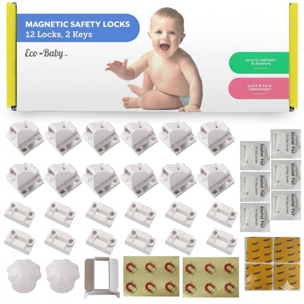 Magnetic Cabinet Locks for Babies, Child Safety Locks, 12 Pack | Baby Proof Cabinet and Drawer Locks, Hidden Safety Locks for Bath & Kitchen Cabinets, Easy No-Drill Install, 2 Keys