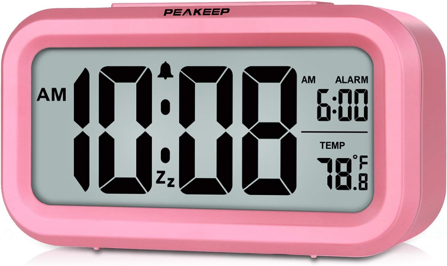 Peakeep Night Light Digital Alarm Clock Battery Operated Indoor Temperature | Small Cordless Cute Clock for Bedroom Desk Travel, Simple to Use for Teens Kids (Pink)