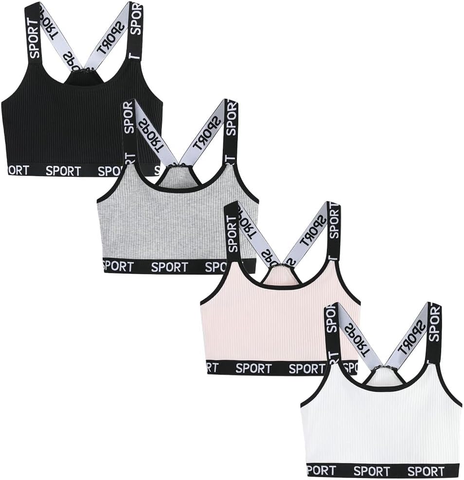 FedMois Girls Sports Bra Unpadded Crop Top Cotton Pack of 4, Grey, Black, White and Pink