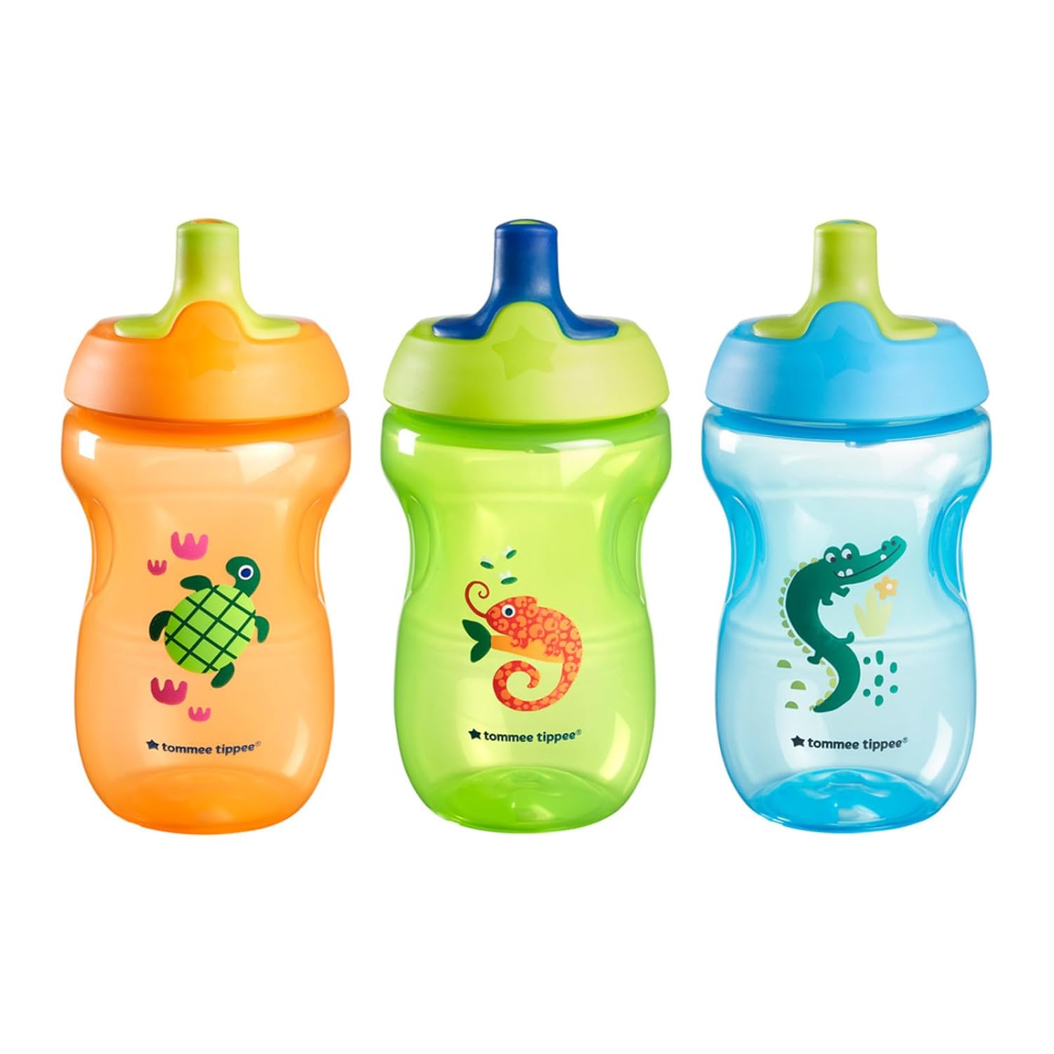 Tommee Tippee Toddler Sippy Cup, Sporty Spout, 1-3 Years, Spill-Proof | Pack of 3, 10oz, Bite-Resistant Spout, Easy-to-Hold Design, Orange, Green & Blue, BPA Free