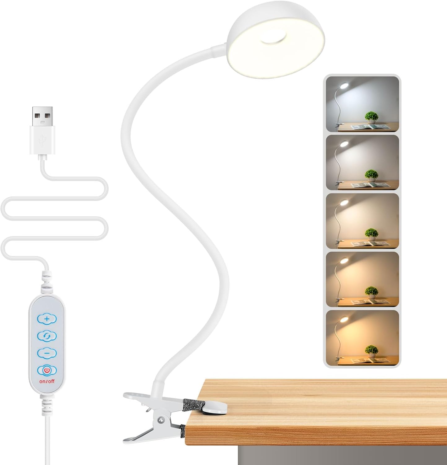 Clip on Light, LED Reading Light for Beds Headboards,5 Color Modes Dimmable | Flexible Clip on Lamp with Clamp,Eye-Friendly Book Light Reading Light for Books in Bed Bedside Desks White