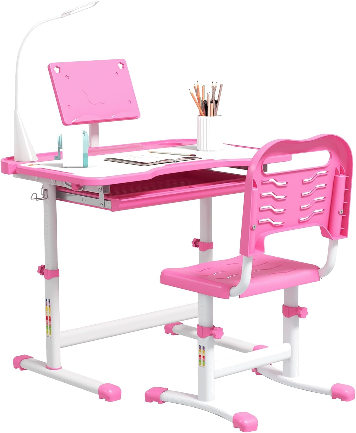 Qaba Kids Desk and Chair Set Height Adjustable Tilt Desktop Pink and White | School Desk Chair Set, USB Light, Storage Drawer, for Study Activities Arts or Crafts