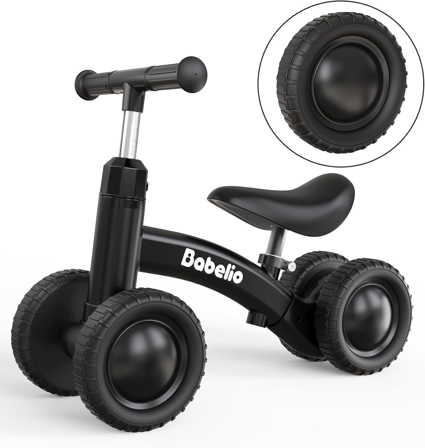 Babelio Baby Balance Bike for 1 Year Old Boys Girls, 10-36 Month Toddler Balance Bike, 4-Wheel Off-Roader Design, Adjustable Seat & Handlebar – Black