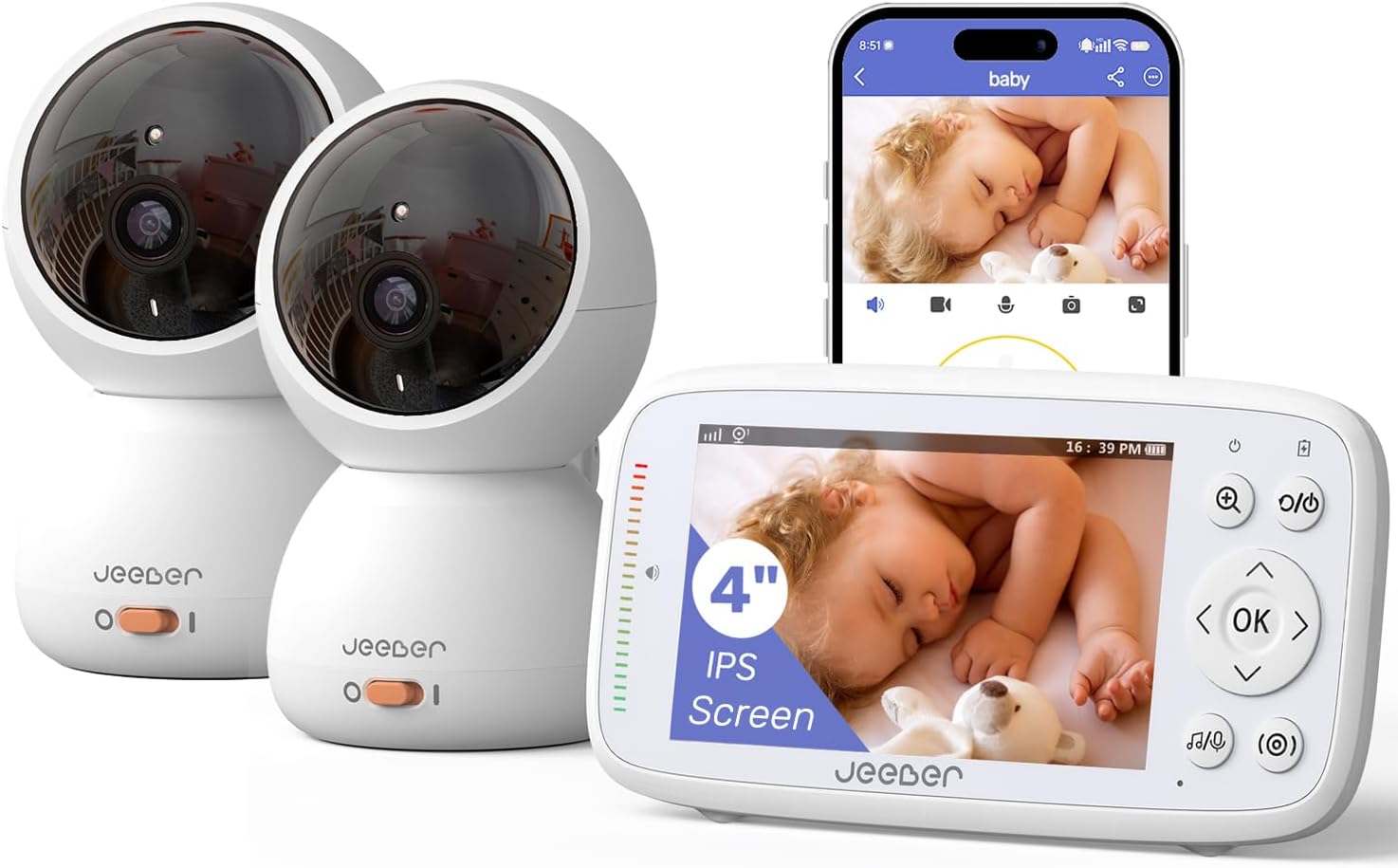 1080P WiFi Baby Monitor with 2 Cameras and Audio，4″ IPS Display | 2.4GHz Wifi,Pan-Tilt-Zoom Camera,360° View, HD Night Vision, Motion & Cry Detection, Temperature Sensor, Feeding Reminder