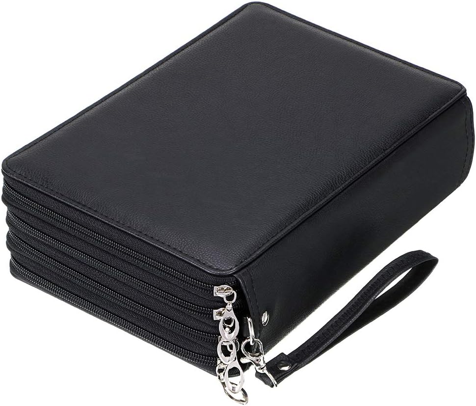 BTSKY 200 Slots Colored Pencil Organizer – Deluxe PU Leather Pencil Case | Zipped Holder with Removal Handle Strap Pencils Box Large for Colored Pencils Watercolor Pencils (Black)