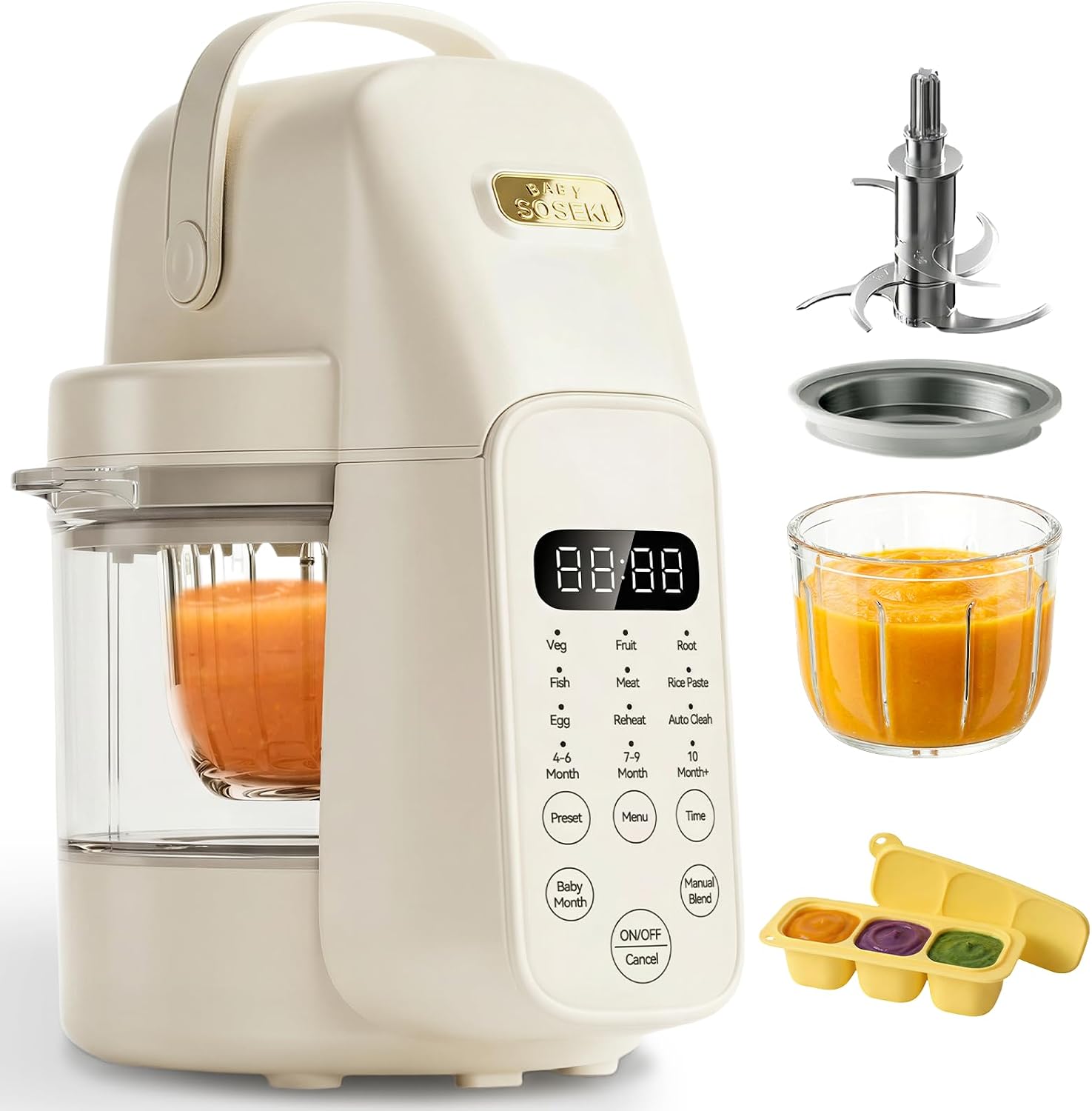 SosekiBaby FM01 Baby Food Maker, 316L Stainless Steel Blades | Puree Steamer Blender Processor With 10oz Glass Bowl | One-Step Food Mill with Recipe, 12H Keep Warm, Auto Clean, Reheat | BPA-Free | 9-IN-1 Baby Puree Blender Processor and Steamer | 316L Stainless Steel Blades | Auto Cooking Easy Cleaning | BPA-Free