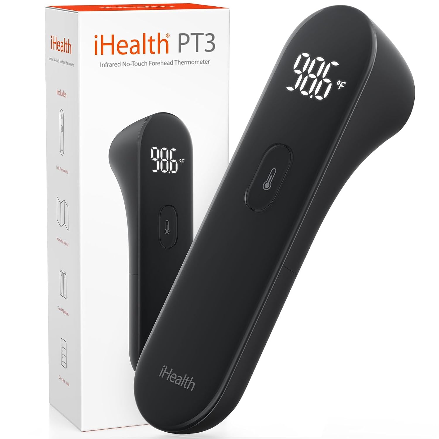 iHealth No-Touch Forehead Thermometer for Adults, Babies, Kids PT3 Black | 1s Fast Accurate, 3 Ultra-Sensitive Sensors, Quiet Vibration Feedback, Digital Large LED Digits, Use for Home & Nurses
