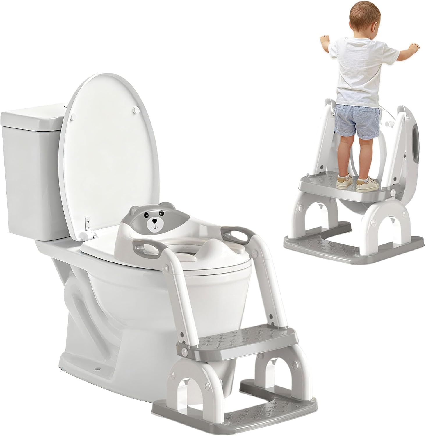 2-in-1 Potty Training Seat Toddler Potty Training Seat with Step Stool Foldable Ladder Adjustable Toddler Toilet Chair for Boys&Girls Splash Guard (gray)