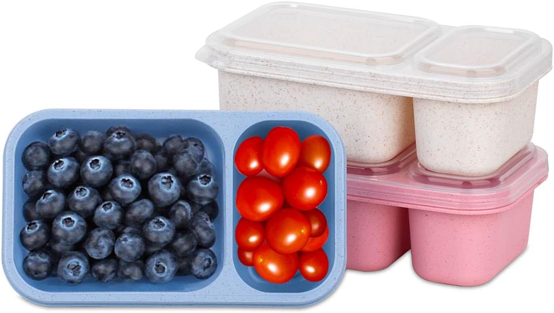 DOSEWART 2-Compartment Reusable Snack Containers with Lids | Wheat Straw Reusable Snack Packs for Food Storage Meal Prep On-the-Go Snacking(3Pack)