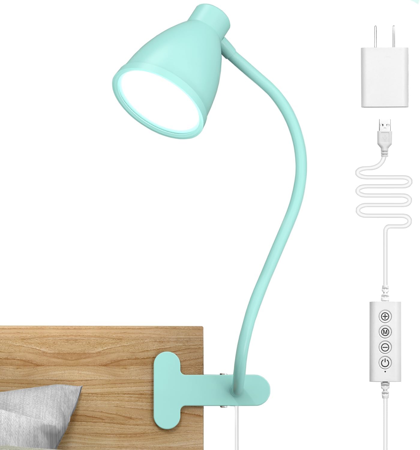 BOHON Desk Lamp with Clamp, Clip on Light, 5 Color 10 Brightness, Teal | 10W 38 LED Flexible Gooseneck Clip Lamp, Auto Off Timer, Desk Lights for Office Home Bed Bedside Reading, Adapter Include