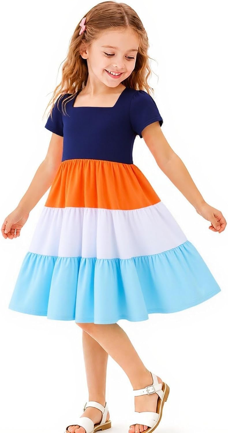 HILEELANG Girls Dress Colorblock Tiered Lightweight Soft Cotton Spring Summer Twirl Dress for Toddler Little Girls 2-8Y