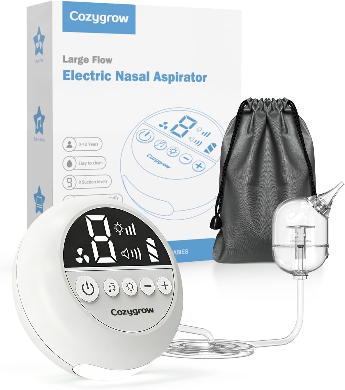 Electric Nasal Aspirator for Baby – Hospital-Grade Nose Suction, 9 Suction Levels, Baby Nose Sucker, Nasal Cleaner, Night Light & Music, Soft Silicone Tips, Travel Bag